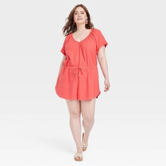 Universal Thread Linen Blend Short Romper Short Sleeve Coral Pink Size XXL - Picture 1 of 13